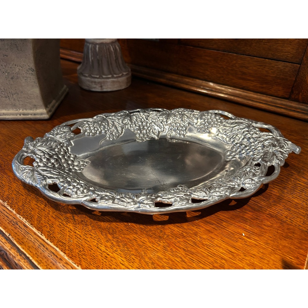 Arthur‎ Court 1990 Vintage Grape Vine Aluminum Oval Serving Tray Platter Silver - Picture 4 of 4